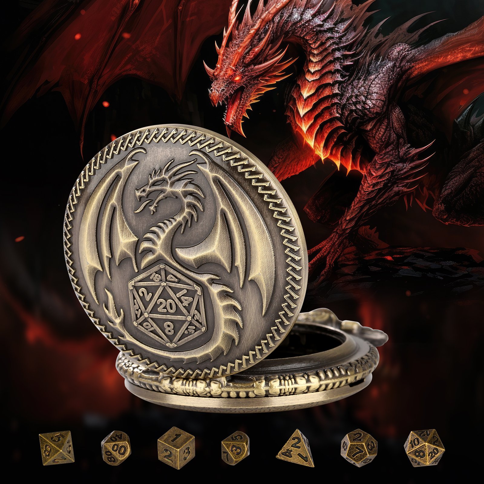 2024 New Arrival DND Accessories Dice Holder Engraved Dragon Pocket Watch Shell with DND Mini Dice Set Polyhedral Table Game