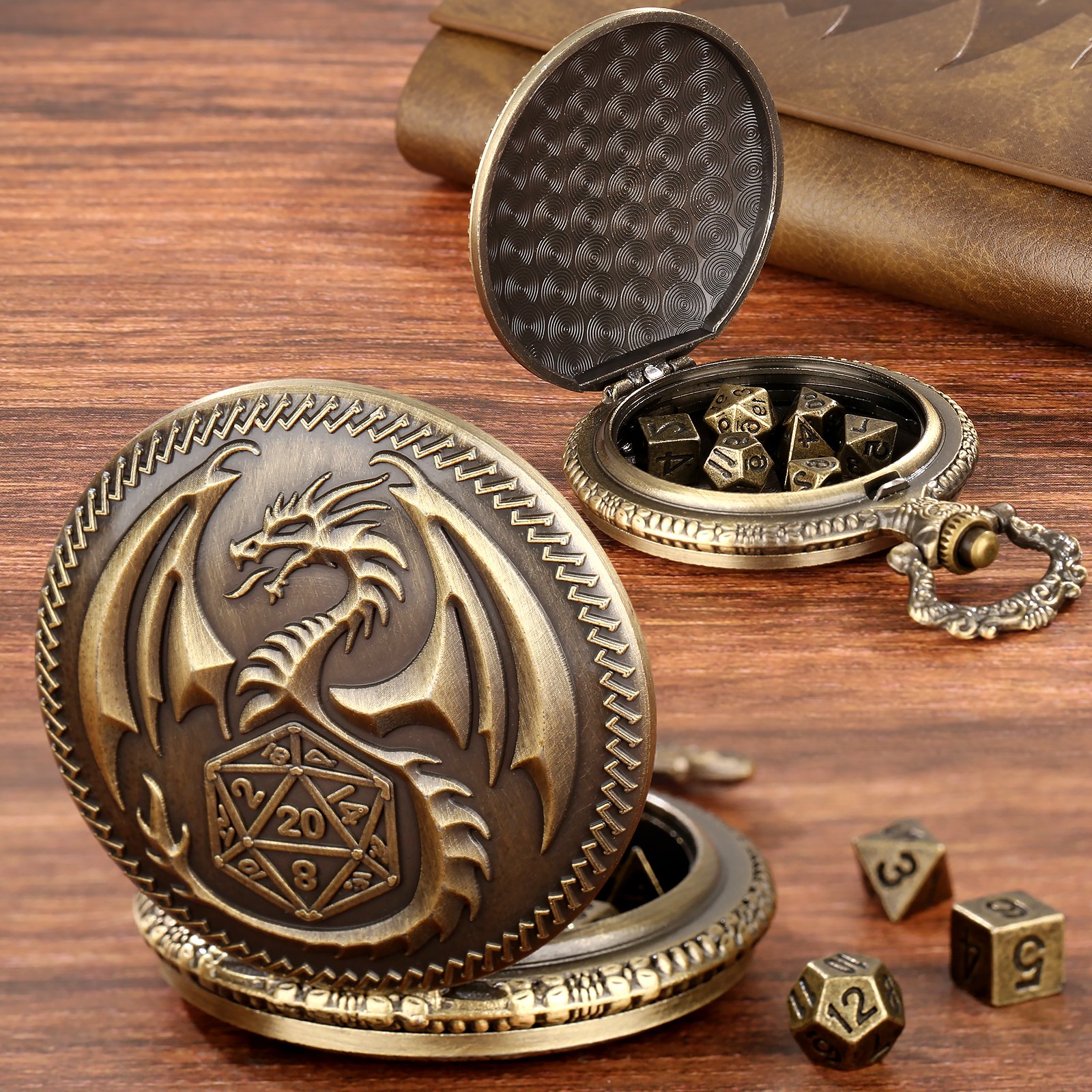 2024 New Arrival DND Accessories Dice Holder Engraved Dragon Pocket Watch Shell with DND Mini Dice Set Polyhedral Table Game