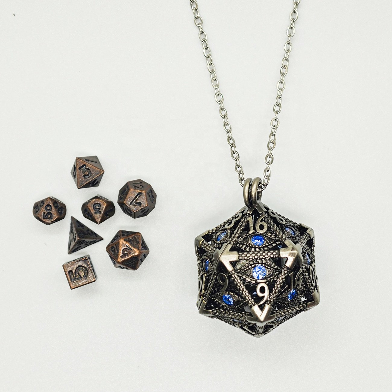 Unique Gemstone Staring Evil Eye Mini Metal Dice Box Polyhedral D20 Dice Necklace for DND Gamer