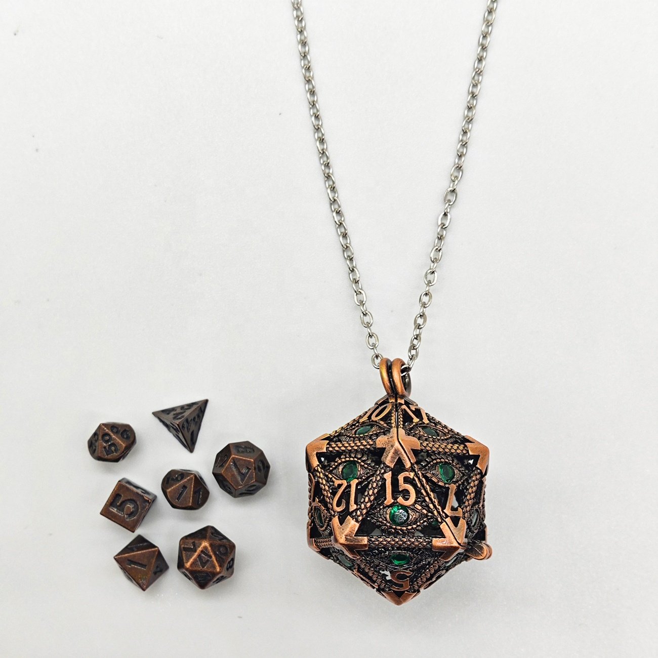 Unique Gemstone Staring Evil Eye Mini Metal Dice Box Polyhedral D20 Dice Necklace for DND Gamer