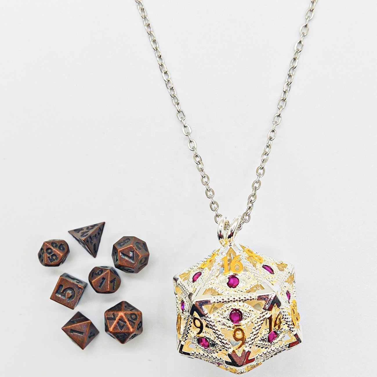 Unique Gemstone Staring Evil Eye Mini Metal Dice Box Polyhedral D20 Dice Necklace for DND Gamer
