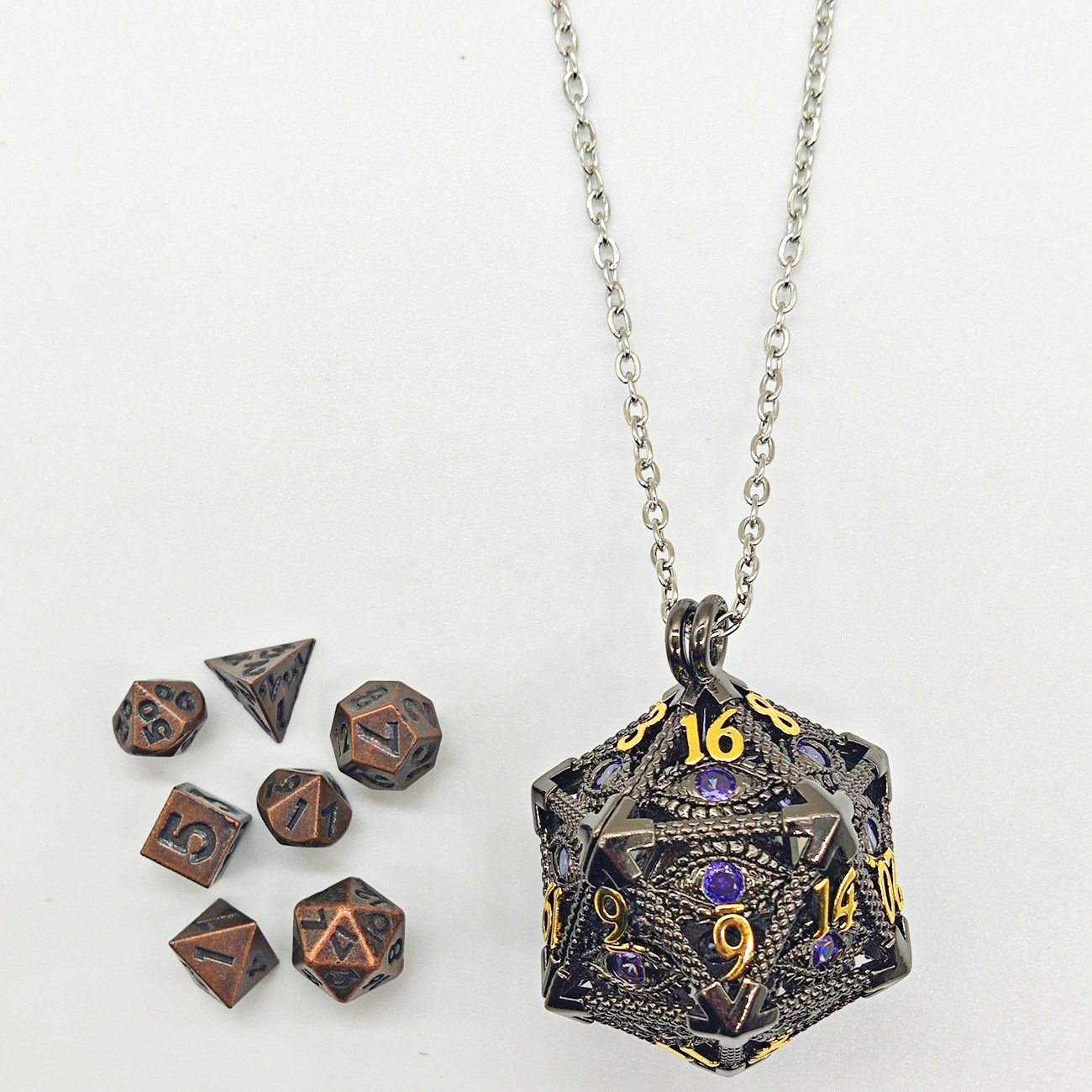 Unique Gemstone Staring Evil Eye Mini Metal Dice Box Polyhedral D20 Dice Necklace for DND Gamer