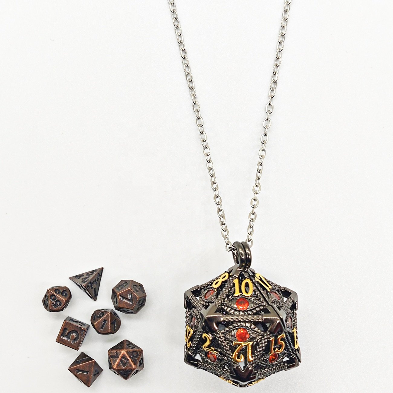 Unique Gemstone Staring Evil Eye Mini Metal Dice Box Polyhedral D20 Dice Necklace for DND Gamer