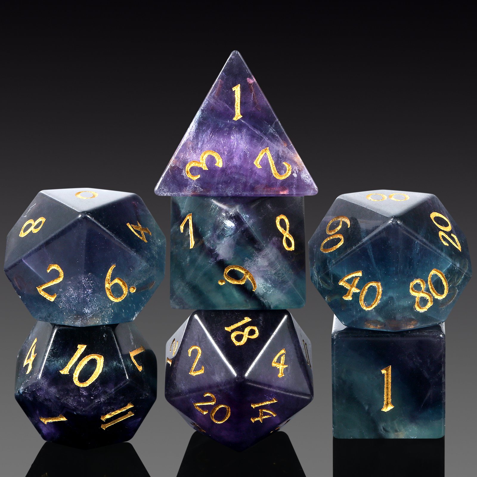 Natural Purple Fluorite 7 Piece RPG Dice Set Gemstone DnD Dice Set Crystal Stone Dice for Dungeons and Dragons D&D Rainbow