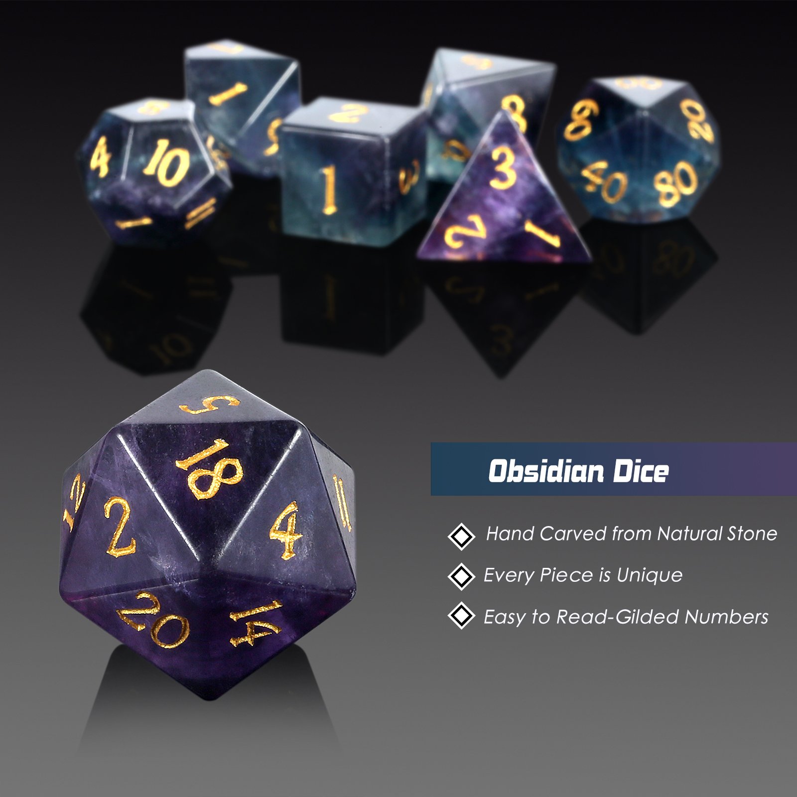 Natural Purple Fluorite 7 Piece RPG Dice Set Gemstone DnD Dice Set Crystal Stone Dice for Dungeons and Dragons D&D Rainbow