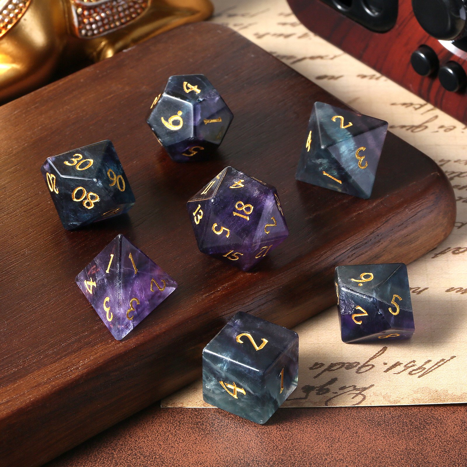 Natural Purple Fluorite 7 Piece RPG Dice Set Gemstone DnD Dice Set Crystal Stone Dice for Dungeons and Dragons D&D Rainbow