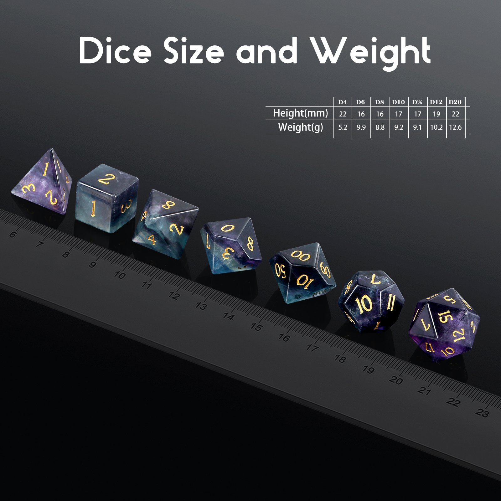Natural Purple Fluorite 7 Piece RPG Dice Set Gemstone DnD Dice Set Crystal Stone Dice for Dungeons and Dragons D&D Rainbow