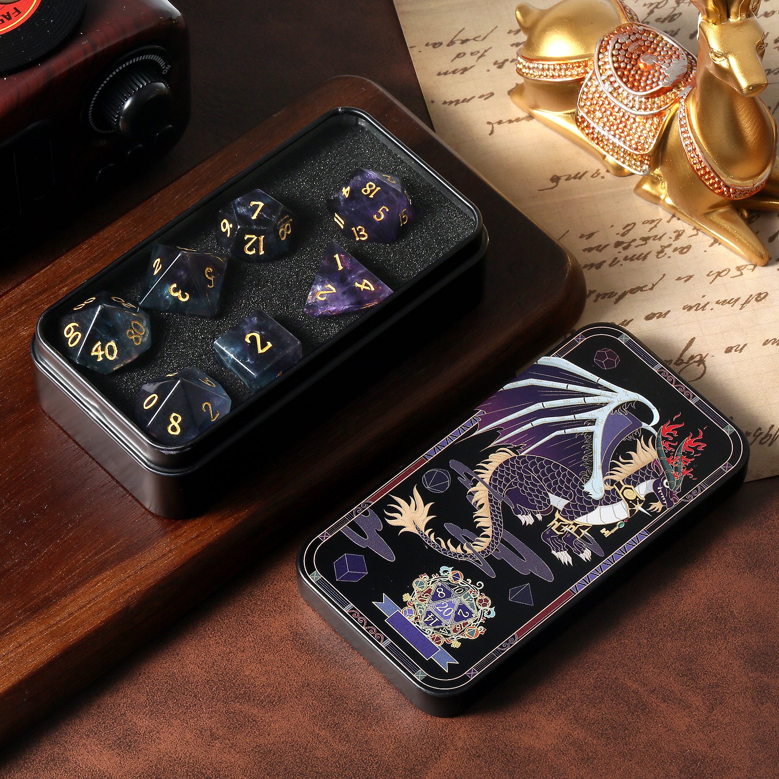 Natural Purple Fluorite 7 Piece RPG Dice Set Gemstone DnD Dice Set Crystal Stone Dice for Dungeons and Dragons D&D Rainbow