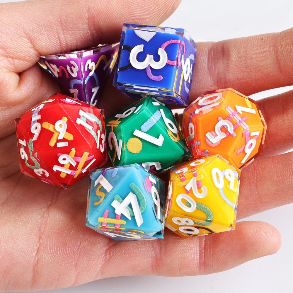 MINI PLANET Iconic Rainbow Sticker DND Dice Set 7pcs/set Wholesale Polyhedral Dice For TRPG Custom Resin Dice Set Board Games
