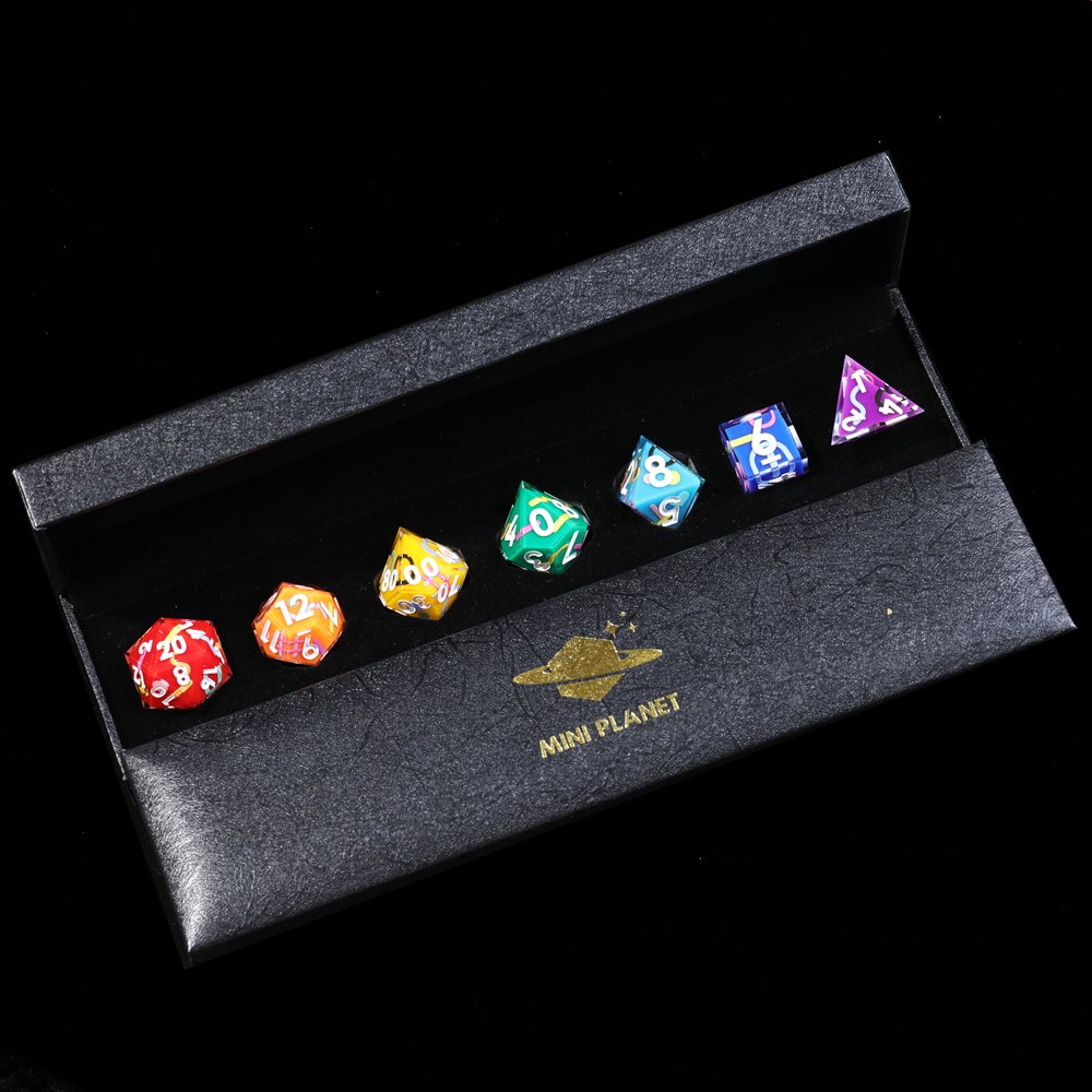 MINI PLANET Iconic Rainbow Sticker DND Dice Set 7pcs/set Wholesale Polyhedral Dice For TRPG Custom Resin Dice Set Board Games