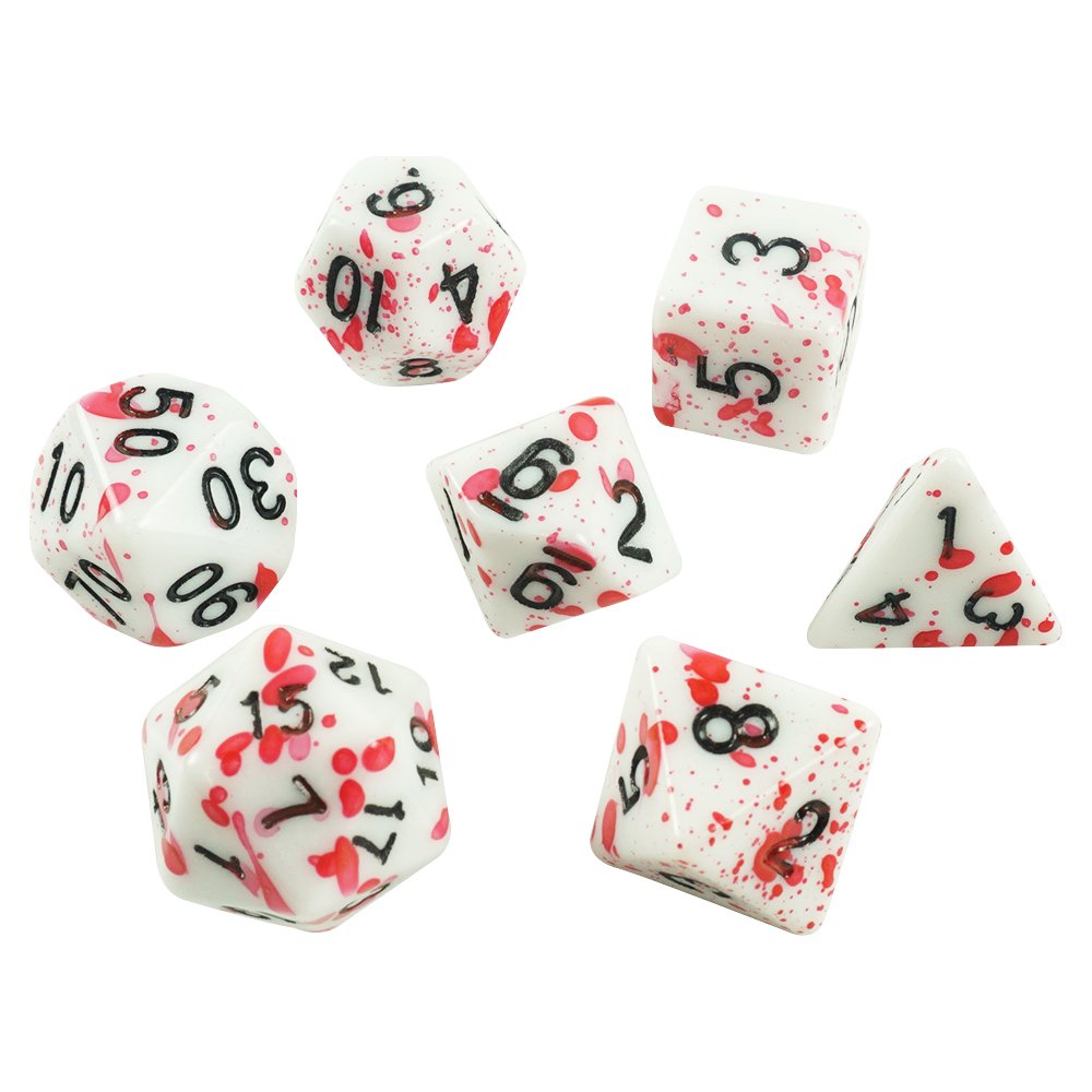 Professional custom dnd 7pcs acrylic board game dice set rpg clear black number blood splatter red dots dice for casino game