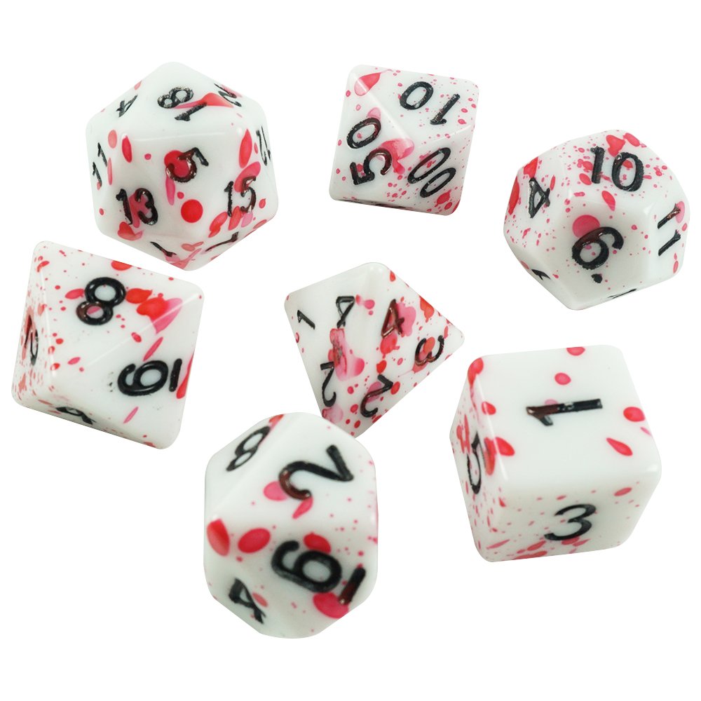 Professional custom dnd 7pcs acrylic board game dice set rpg clear black number blood splatter red dots dice for casino game