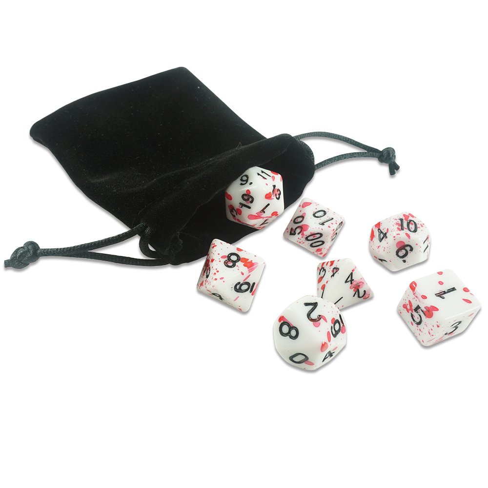 Professional custom dnd 7pcs acrylic board game dice set rpg clear black number blood splatter red dots dice for casino game