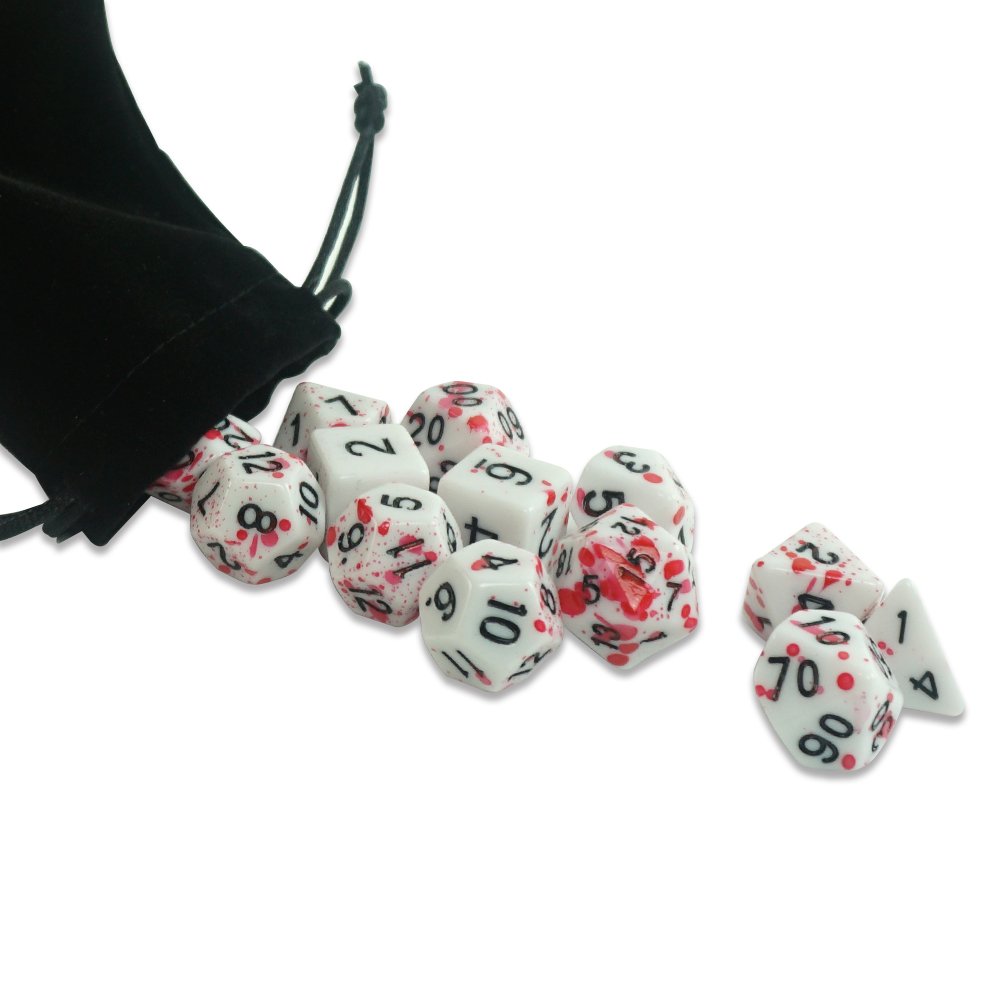Professional custom dnd 7pcs acrylic board game dice set rpg clear black number blood splatter red dots dice for casino game