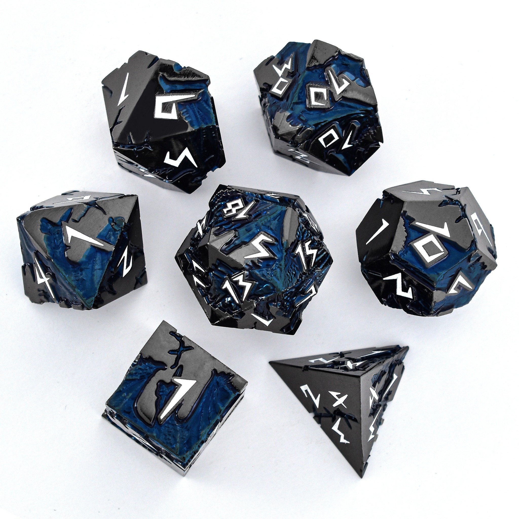 Factory Wholesale 7pcs Set of High Quality Metal Dragon Fossil Ancient Dice Custom Logo D20 Size 16mm & 20mm D&D RPG