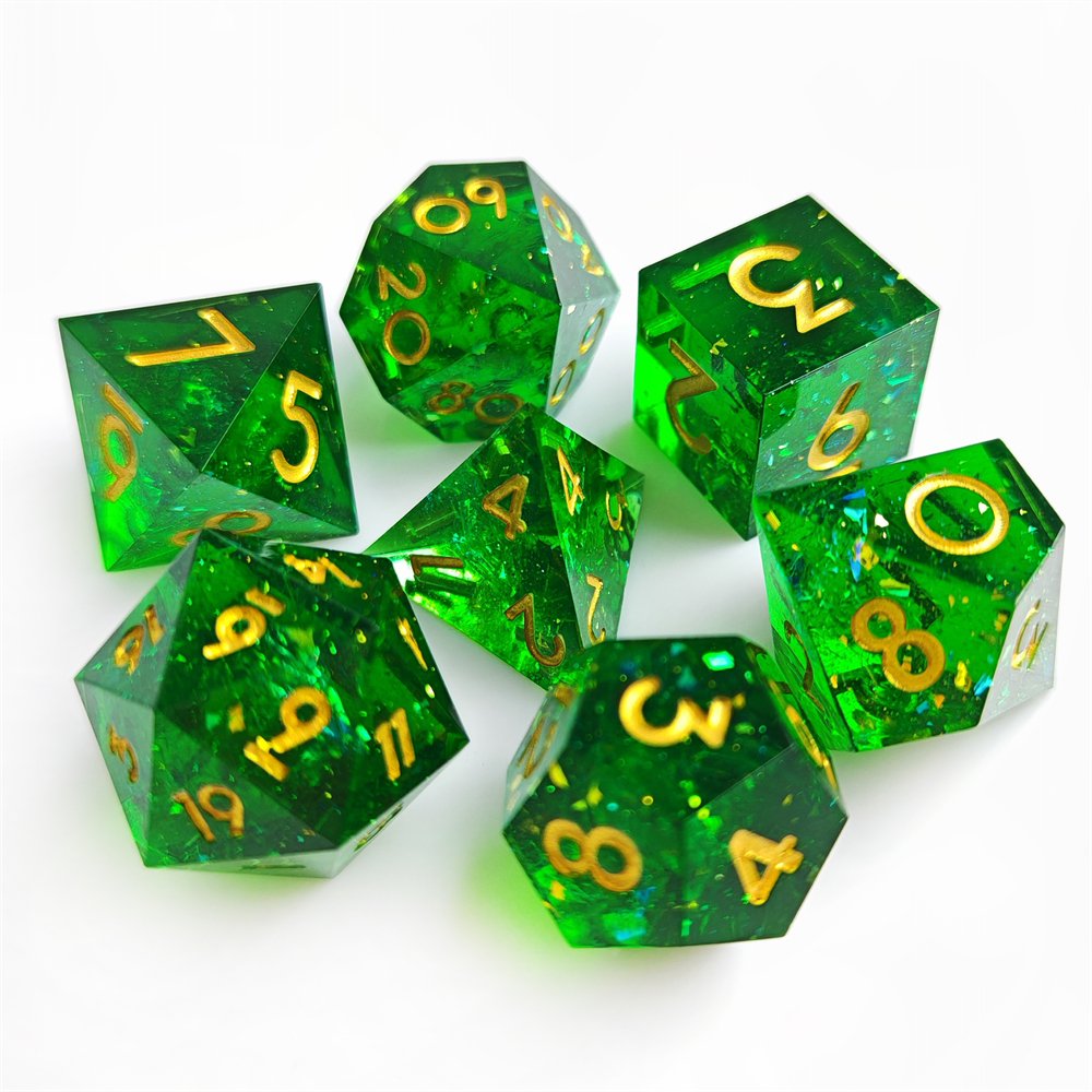 7pcs Green Glitter Polyhedral Dice Set for DND Role Playing Board Game Sharp Edge Resin DND Dice Set