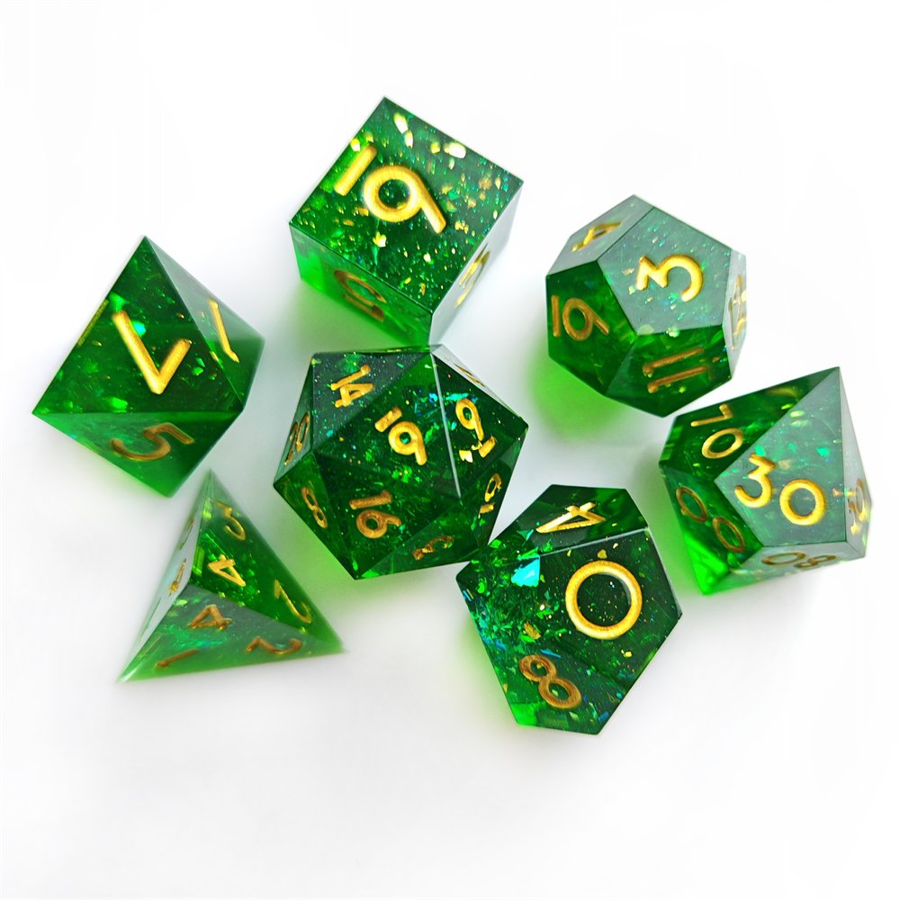 7pcs Green Glitter Polyhedral Dice Set for DND Role Playing Board Game Sharp Edge Resin DND Dice Set
