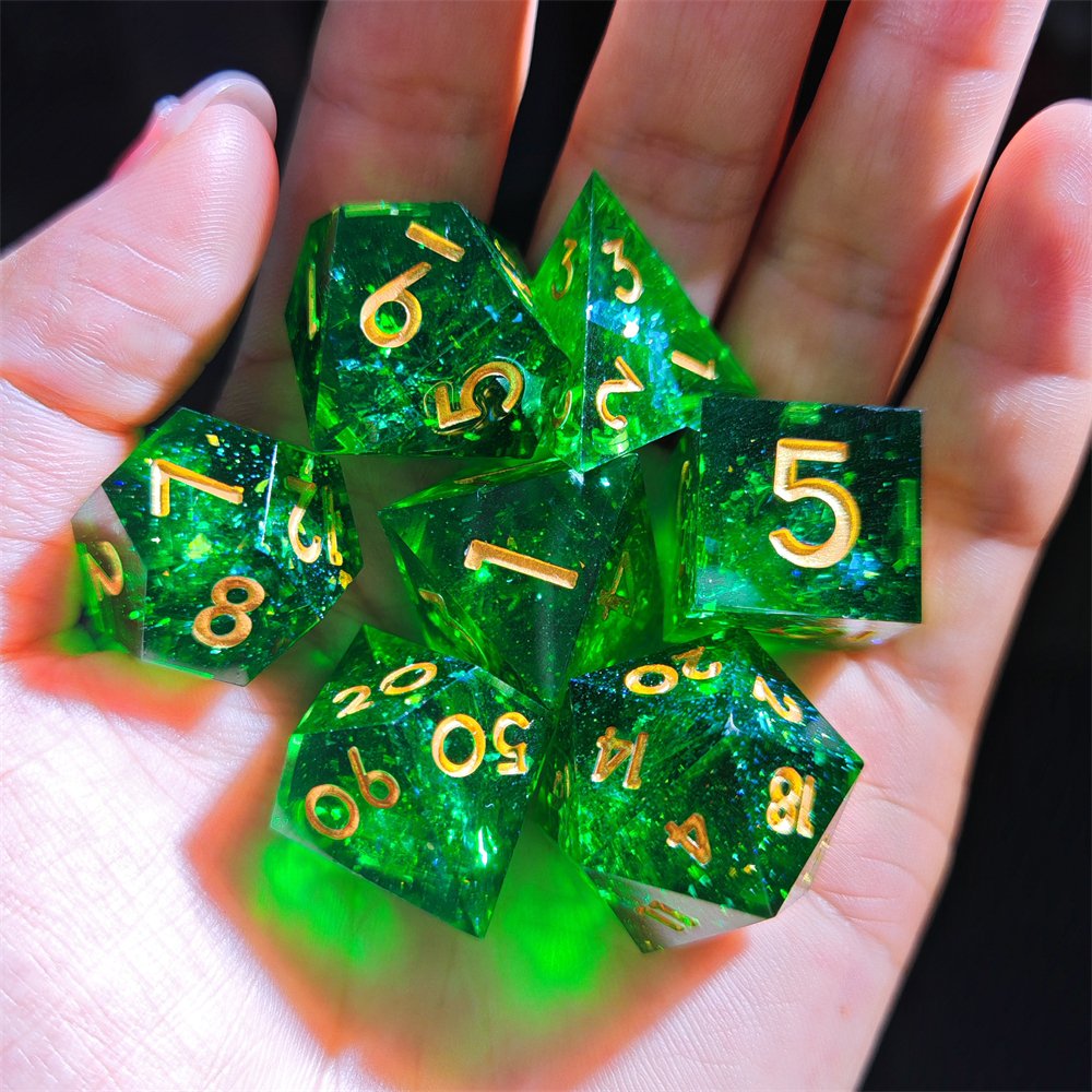 7pcs Green Glitter Polyhedral Dice Set for DND Role Playing Board Game Sharp Edge Resin DND Dice Set