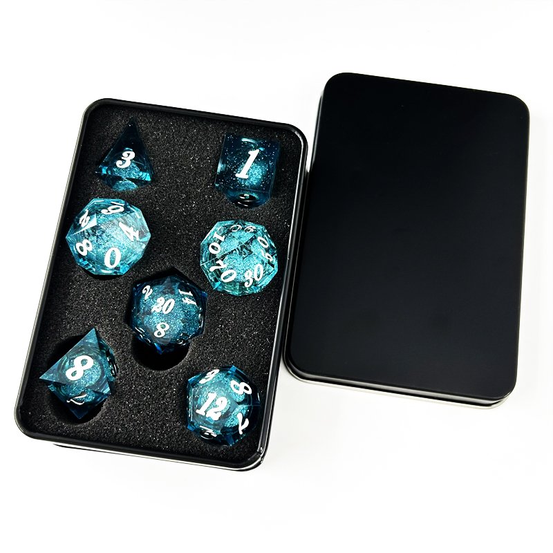 Liquid Core Quicksand dice Set Polyhedron Custom logo Resin Dice RPG Dragon and Dungeon resin with sharp edges