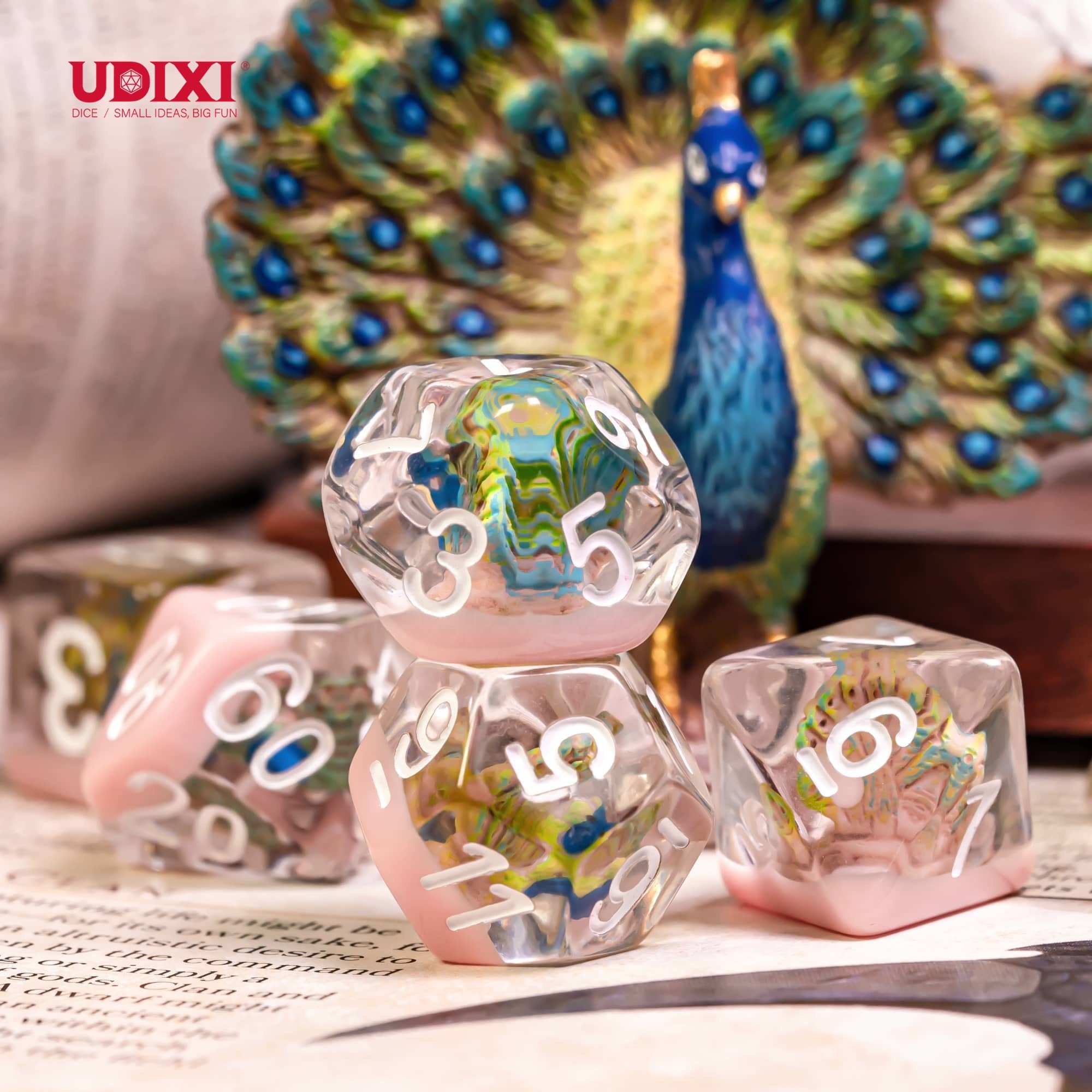 Udixi Plastic Polyhedral custom logo rpg dungeons and dragons resin peacock dice game set