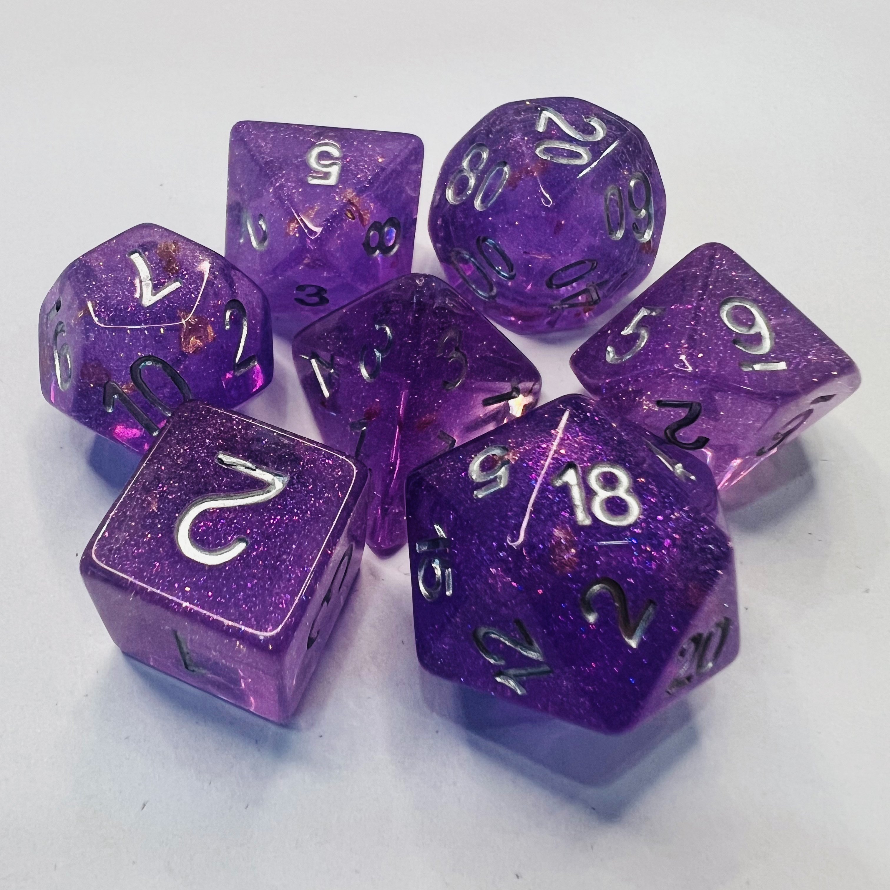 7-Piece Set Of Purple Polyhedral Dice Transparent Plastic Square Corner Game Dice For D&D Rpg For Tabletop Gaming