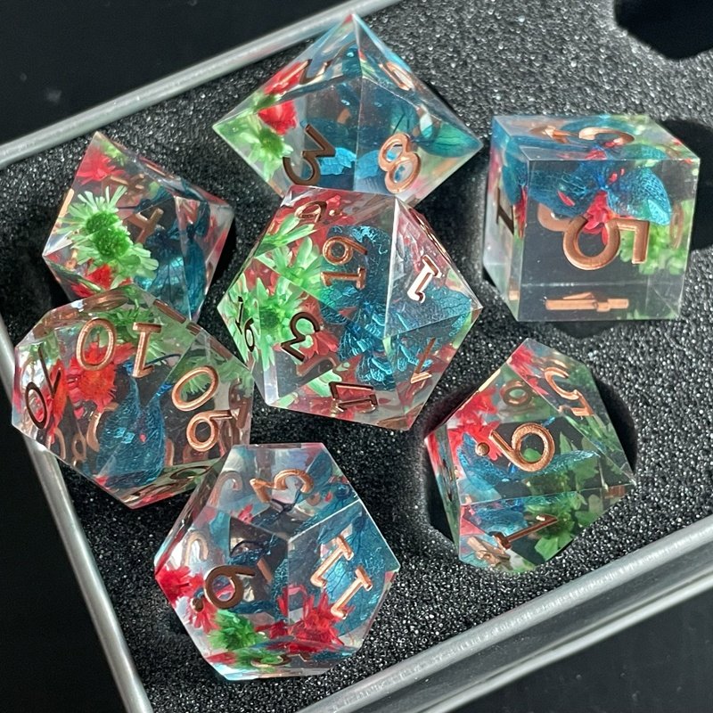 Sharp Edge Dice 7 Piece Resin Flower Dice Set Dungeons and Dragons D&D RPG Role Playing Dice D20 D12 D10 D8 D6 D4