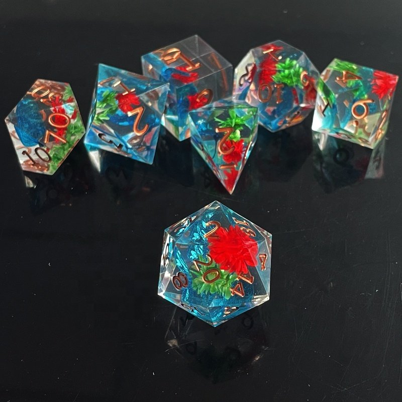 Sharp Edge Dice 7 Piece Resin Flower Dice Set Dungeons and Dragons D&D RPG Role Playing Dice D20 D12 D10 D8 D6 D4