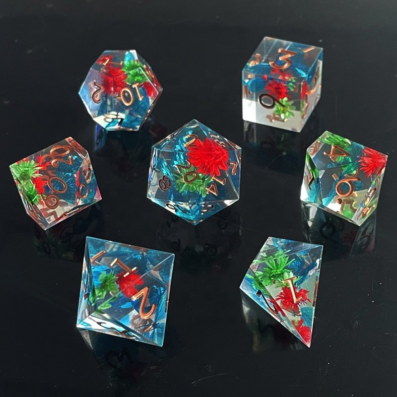 Sharp Edge Dice 7 Piece Resin Flower Dice Set Dungeons and Dragons D&D RPG Role Playing Dice D20 D12 D10 D8 D6 D4