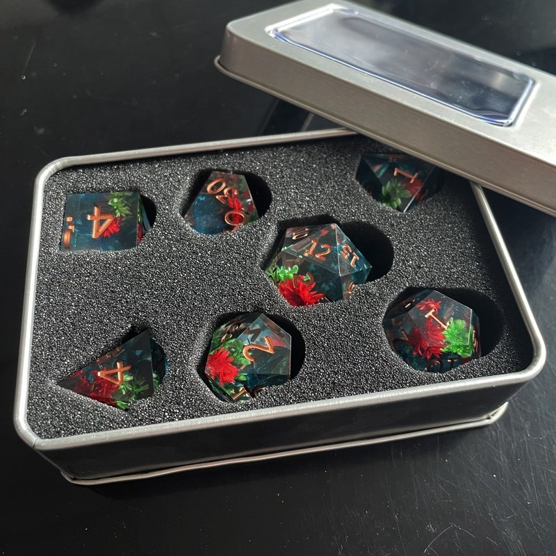 Sharp Edge Dice 7 Piece Resin Flower Dice Set Dungeons and Dragons D&D RPG Role Playing Dice D20 D12 D10 D8 D6 D4