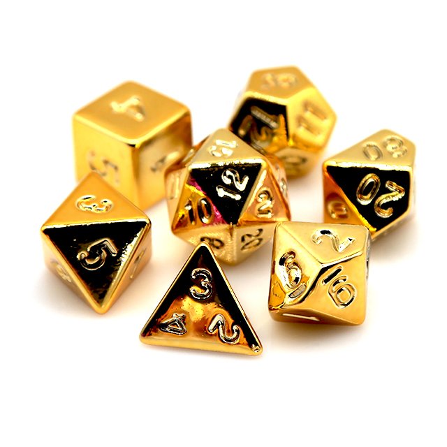 HS custom high quality Hot selling Golden Electroplating plastic dice polyhedral golden paint dice with opp velvet bag