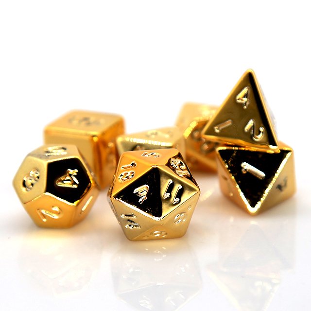 HS custom high quality Hot selling Golden Electroplating plastic dice polyhedral golden paint dice with opp velvet bag