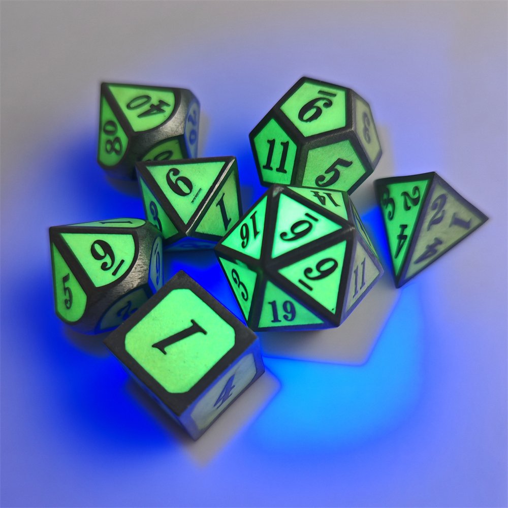 Green Fluorescent Metal DND Dice Set for Dungeons and Dragons Role Playing Games Custom Polyhedral Glow Metal Dice