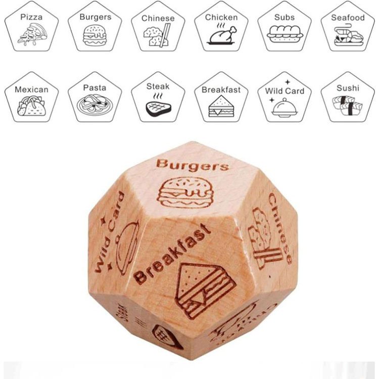 Manufacturers Custom 12-Sided 20mm Cube Size Wooden Dice Game Toy Polyhedral Wooden Dice Toy Decision Food Movie Logo pattern
