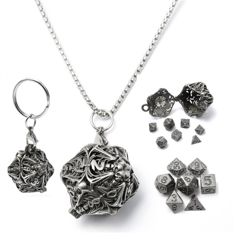 D20 Skeleton Mini Metal Dice Set with Storage Box+7-Piece Set, Portable Dungeons&Dragons Game Dice, DND Dice