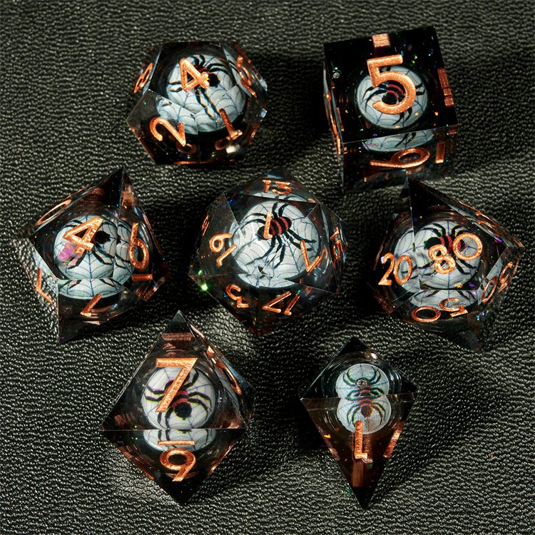 The game dice set includes rolling spider balls, Dnd polyhedral liquid core resin dice