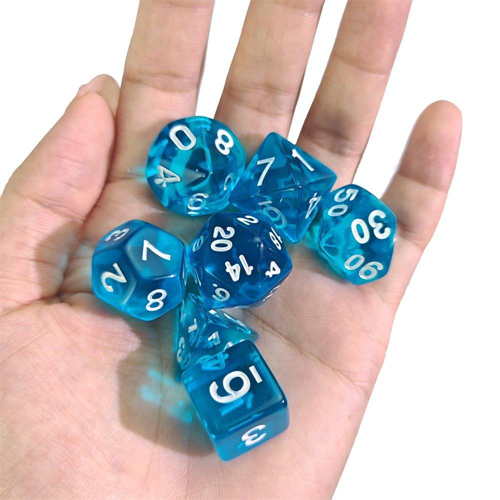 High Quality 7Pcs/Set Clear Blue Plastic DND RPG Dice for Dungeons and Dragons Board Game Polyhedral Acrylic Dice Set