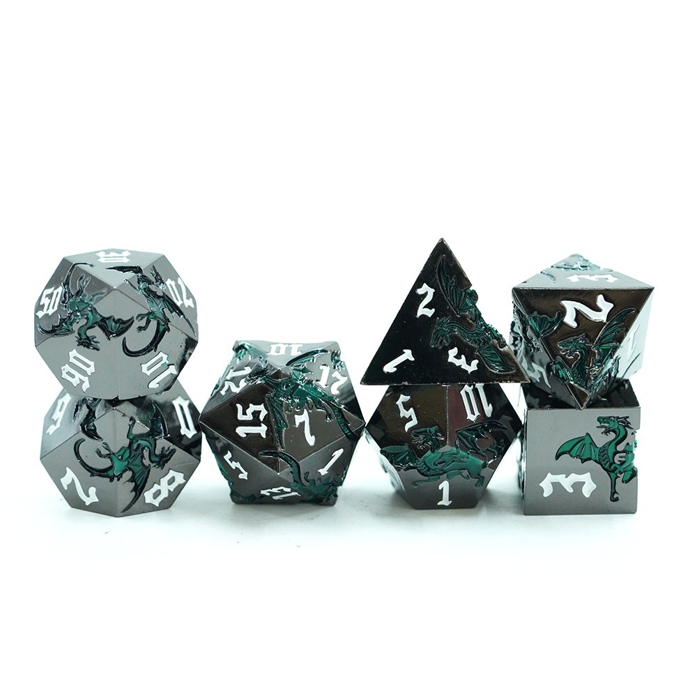 Glossy Black With Green Dragon Dnd Metal Dice Metallic Dnd Dice Set With White Number Dungeons And Dragon Dice For Tabletop Game