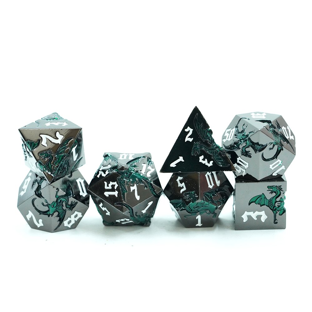 Glossy Black With Green Dragon Dnd Metal Dice Metallic Dnd Dice Set With White Number Dungeons And Dragon Dice For Tabletop Game
