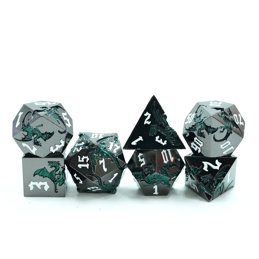 Glossy Black With Green Dragon Dnd Metal Dice Metallic Dnd Dice Set With White Number Dungeons And Dragon Dice For Tabletop Game