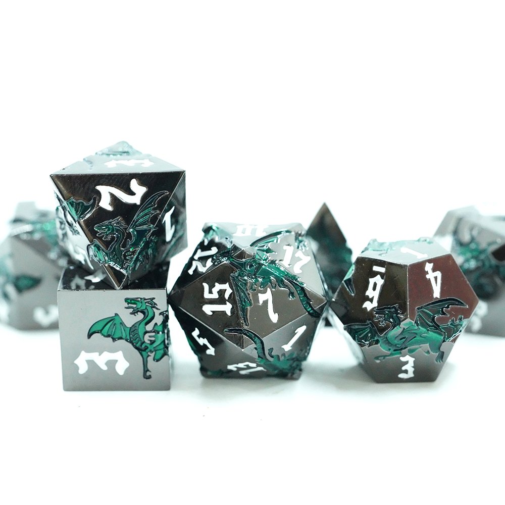 Glossy Black With Green Dragon Dnd Metal Dice Metallic Dnd Dice Set With White Number Dungeons And Dragon Dice For Tabletop Game