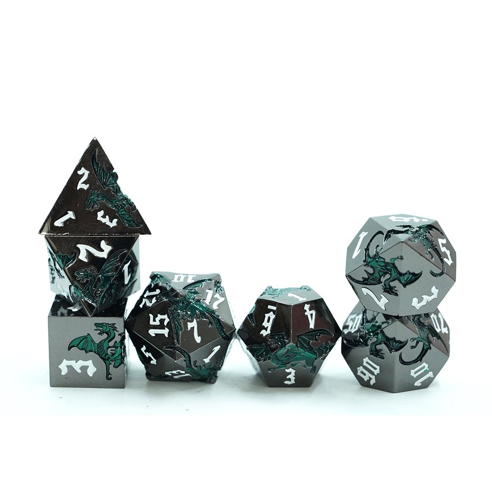 Glossy Black With Green Dragon Dnd Metal Dice Metallic Dnd Dice Set With White Number Dungeons And Dragon Dice For Tabletop Game