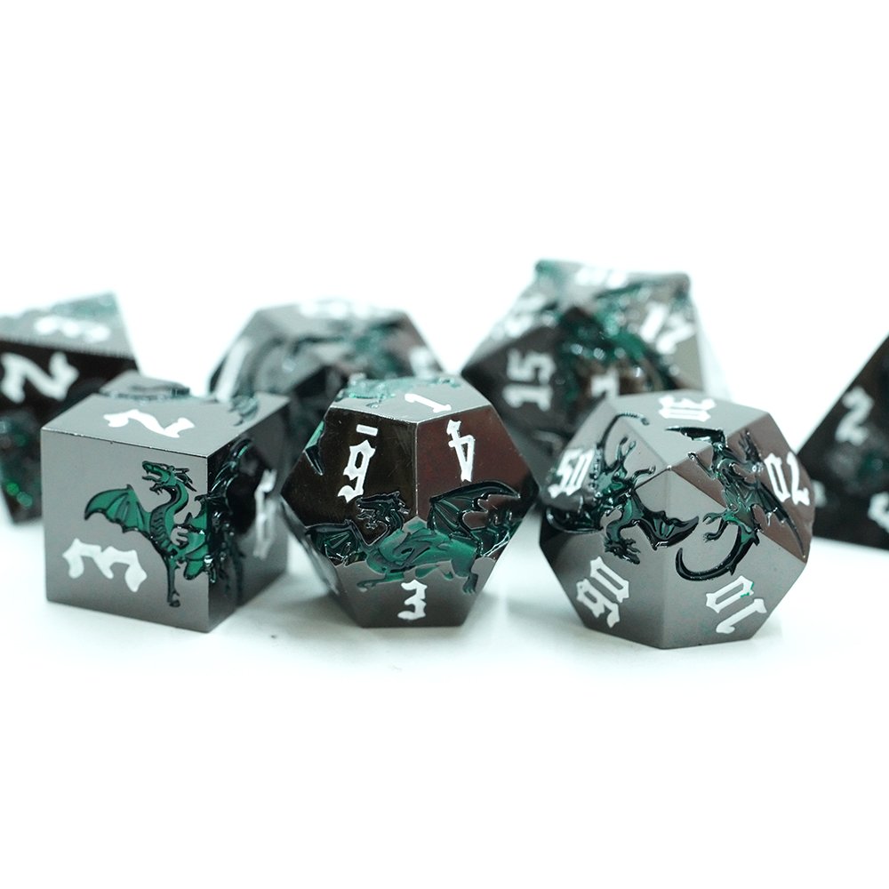 Glossy Black With Green Dragon Dnd Metal Dice Metallic Dnd Dice Set With White Number Dungeons And Dragon Dice For Tabletop Game