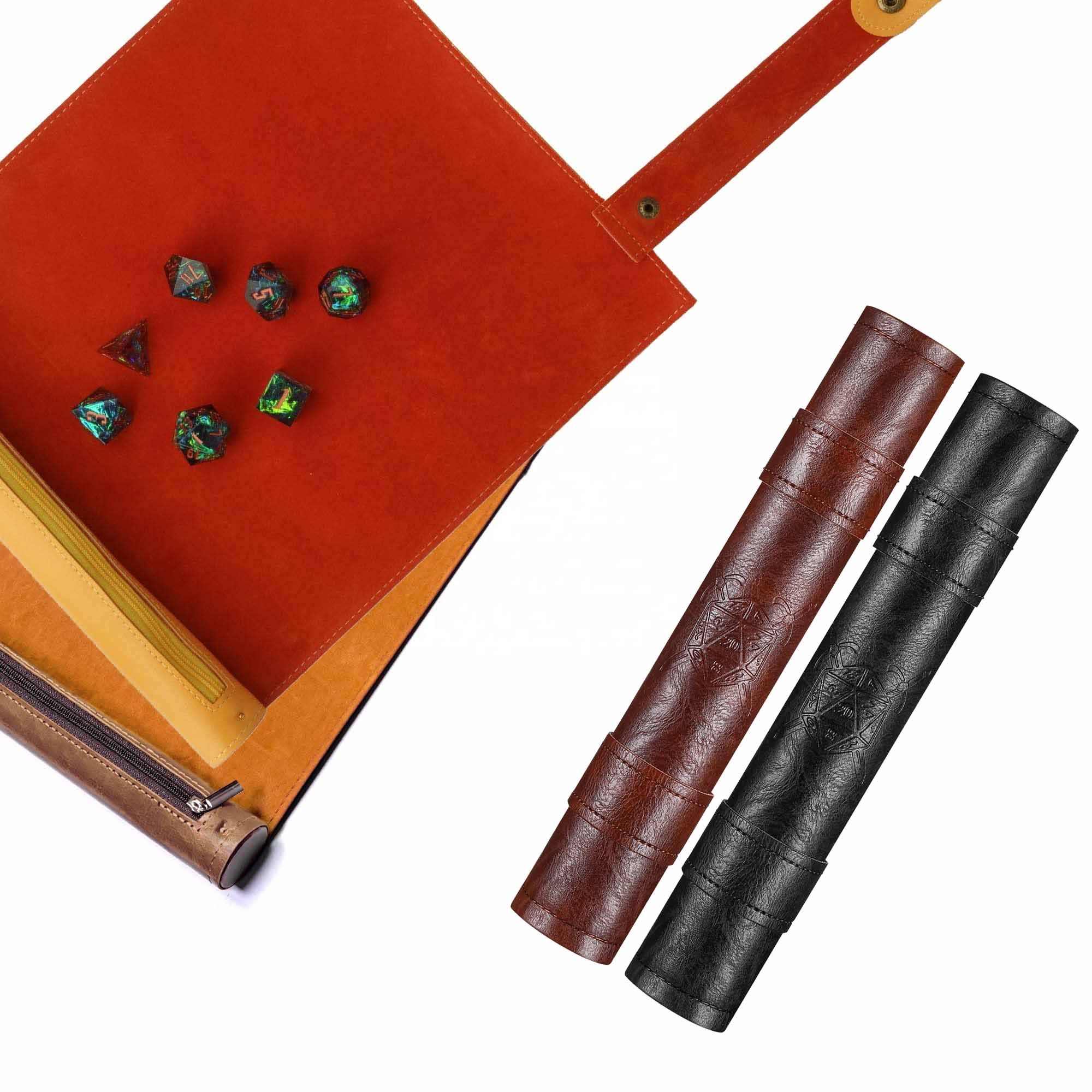 Custom Folding Double Layer Leather DND Dice Scroll Rolling Mat Tray Bag for Dungeons and Dragons, Gifts