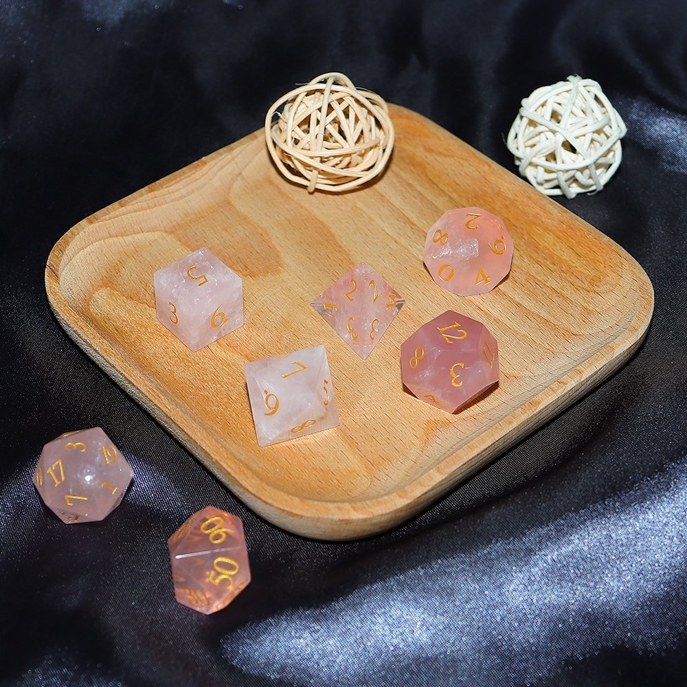 factory wholesale dnd dice custom font and logo pink quartz gemstone dice set for dungeons and dragons RPG