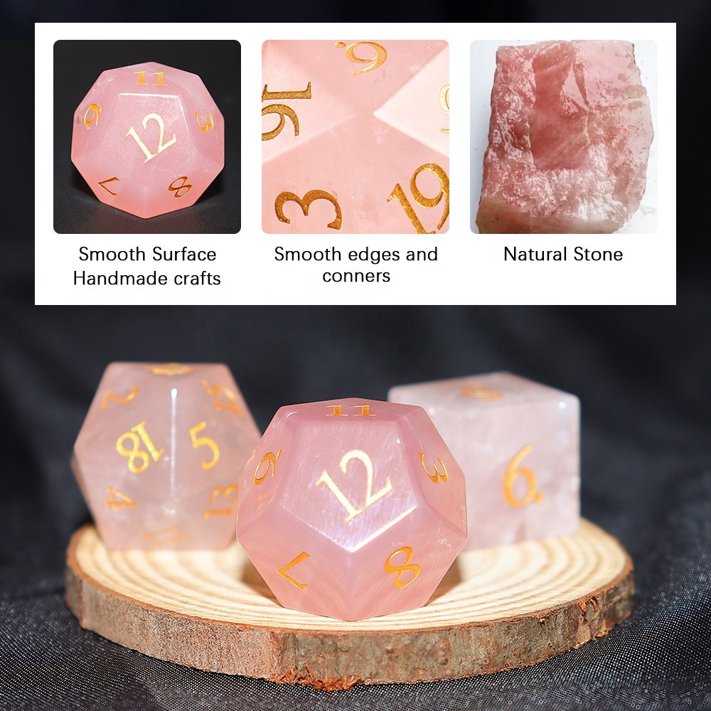 factory wholesale dnd dice custom font and logo pink quartz gemstone dice set for dungeons and dragons RPG