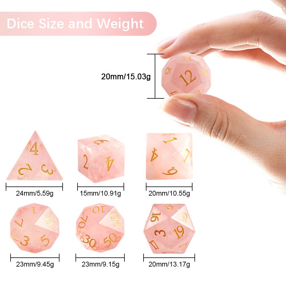 factory wholesale dnd dice custom font and logo pink quartz gemstone dice set for dungeons and dragons RPG