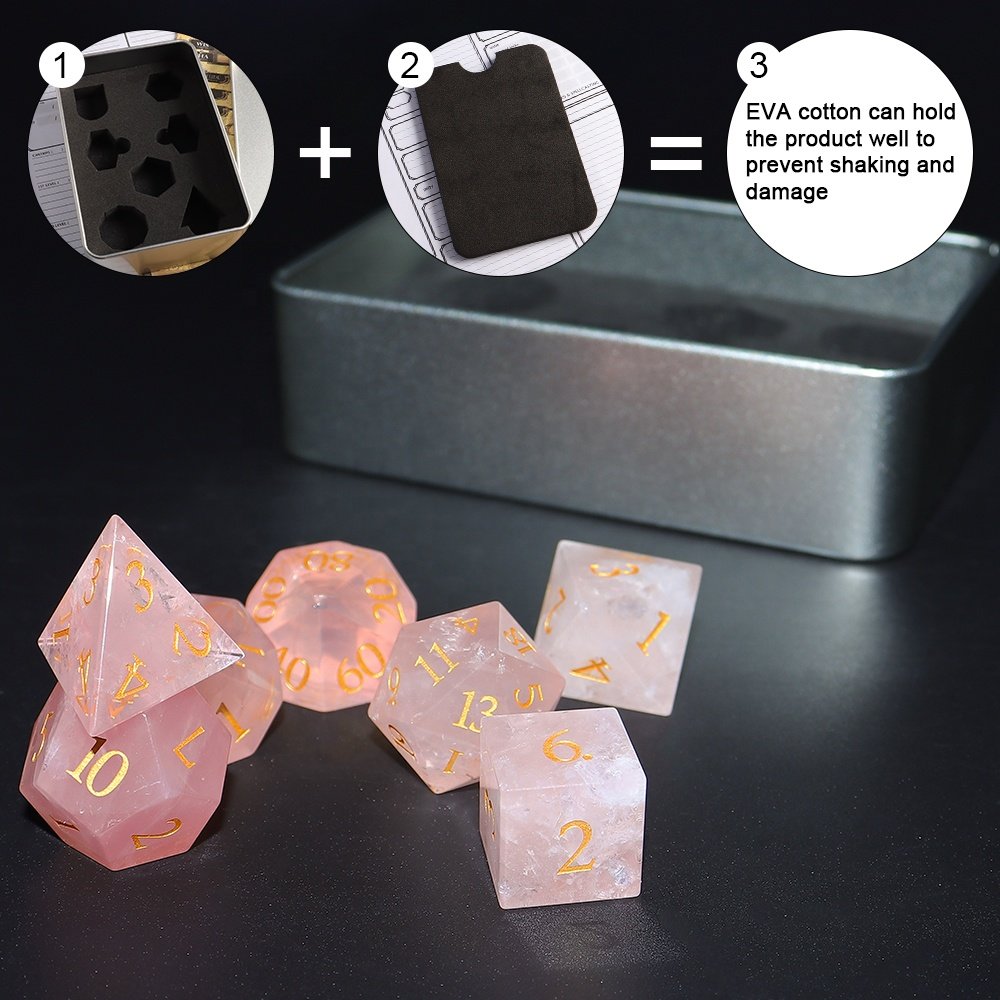 factory wholesale dnd dice custom font and logo pink quartz gemstone dice set for dungeons and dragons RPG