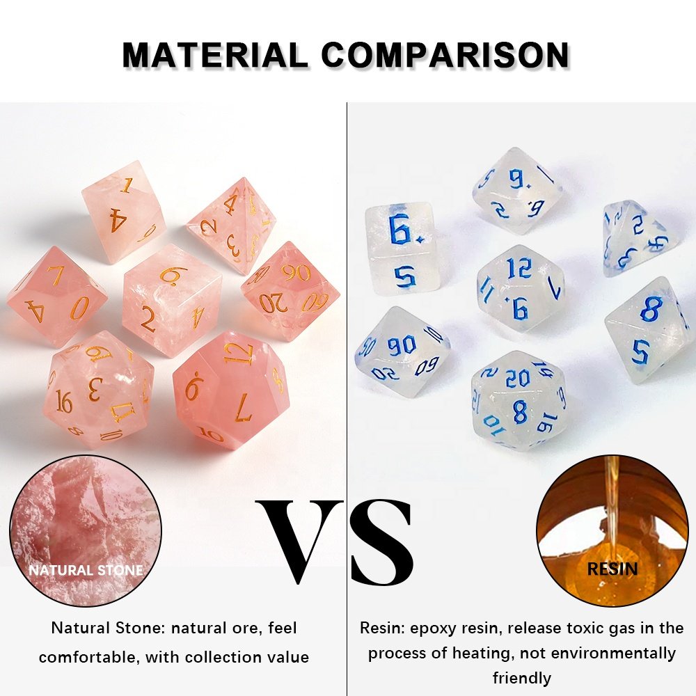 factory wholesale dnd dice custom font and logo pink quartz gemstone dice set for dungeons and dragons RPG