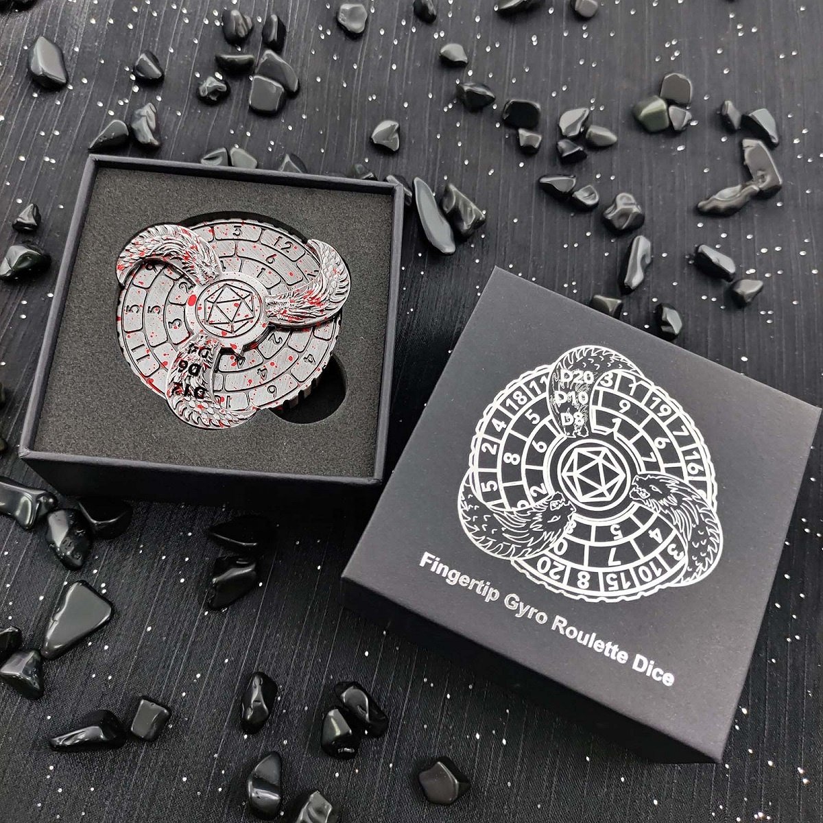 Creative DND Dragons Blood Stained Fingertip Spin Decision Metal Dice with Gift Box