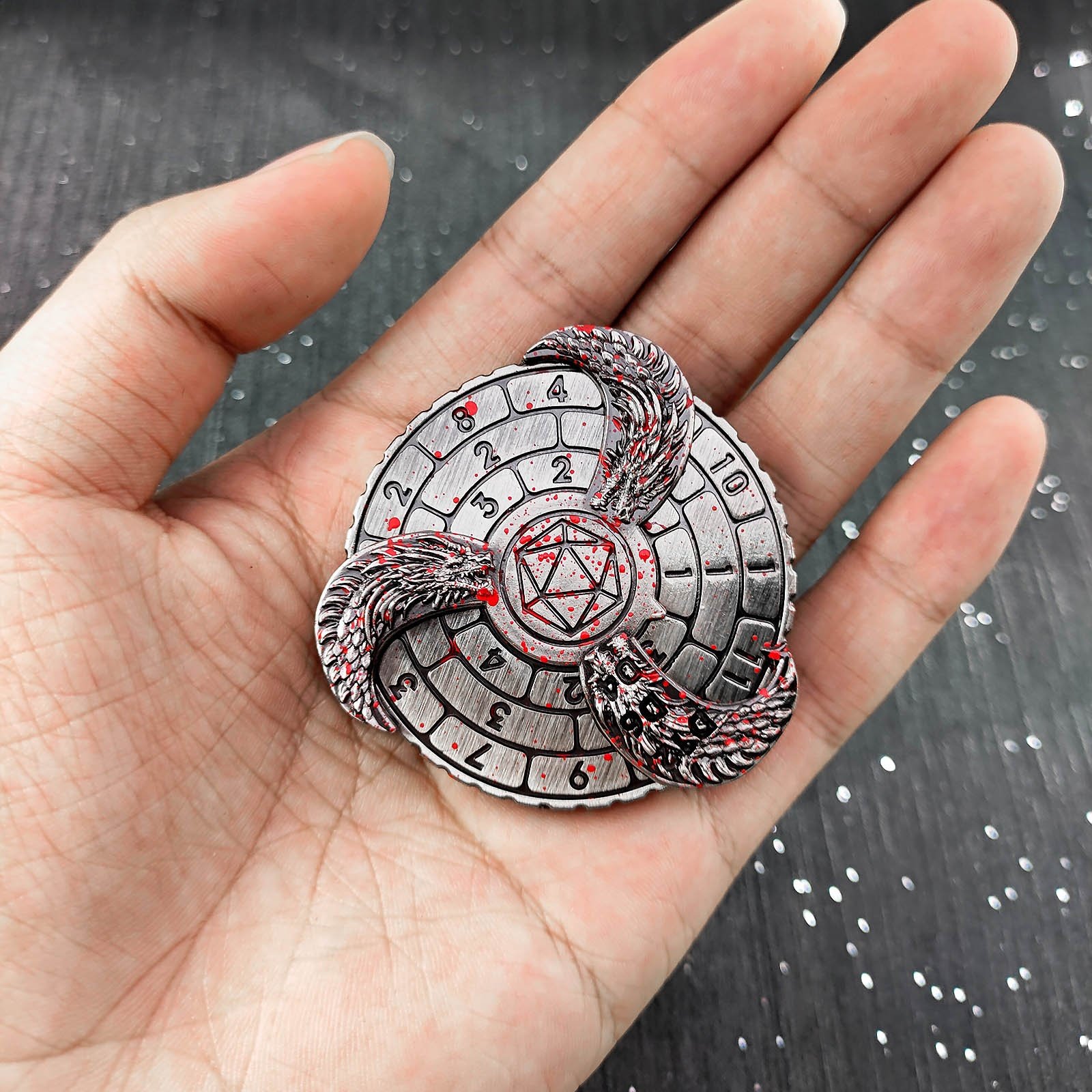 Creative DND Dragons Blood Stained Fingertip Spin Decision Metal Dice with Gift Box